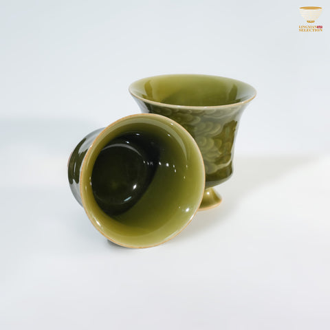 Jin Hongyang · Celadon Plum-Green Dragon & Phoenix Cup Set｜Imperial-Glazed Elegance · Auspicious Relief Carving · Paired Harmony · A Refined Gift for Couples