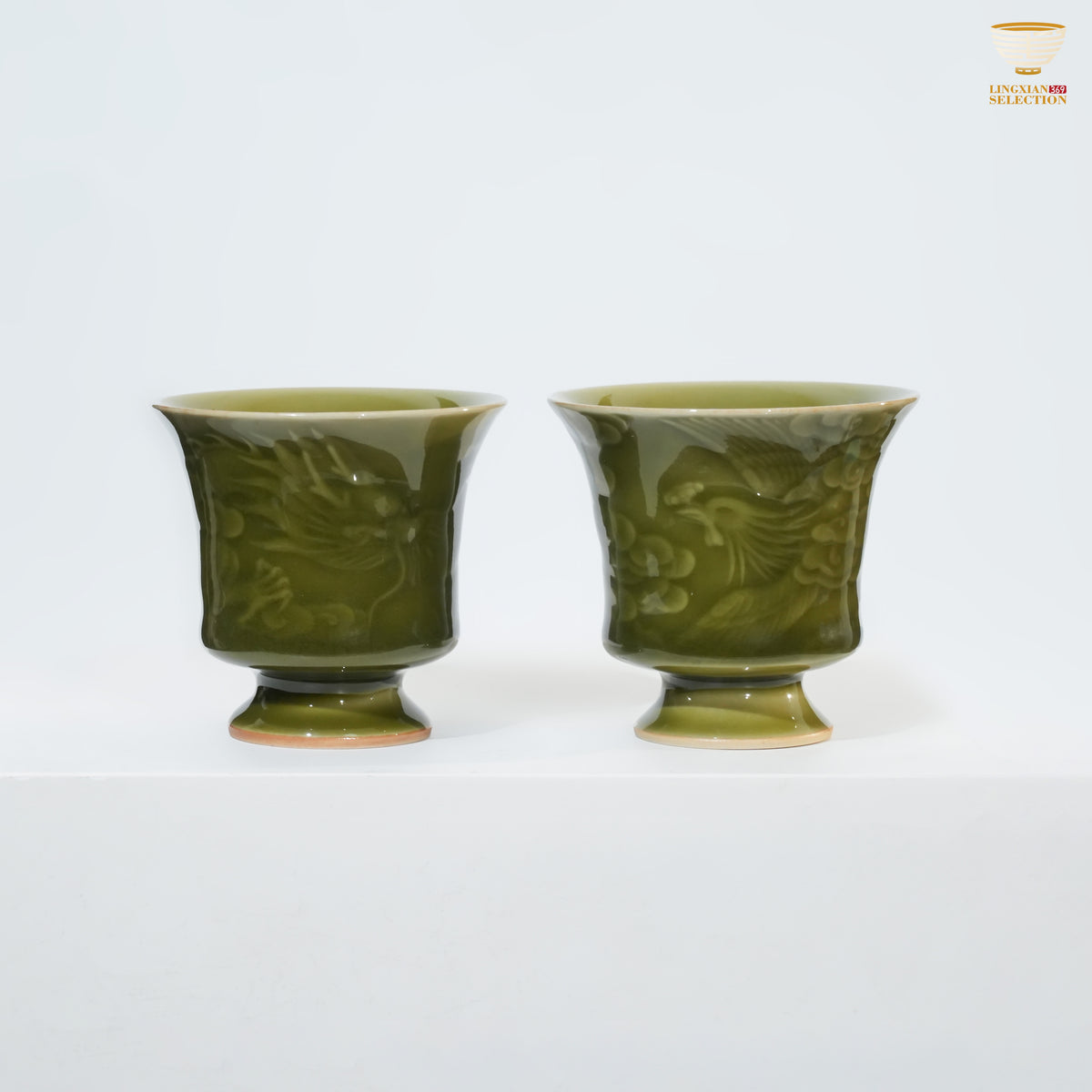 Jin Hongyang · Celadon Plum-Green Dragon & Phoenix Cup Set｜Imperial-Glazed Elegance · Auspicious Relief Carving · Paired Harmony · A Refined Gift for Couples