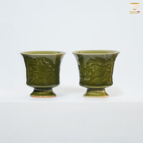 Jin Hongyang · Celadon Plum-Green Dragon & Phoenix Cup Set｜Imperial-Glazed Elegance · Auspicious Relief Carving · Paired Harmony · A Refined Gift for Couples