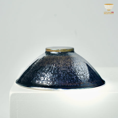 【Hidden Dragon and Phoenix Silver Ring Teacup from BaiDing】 Silver-Rim Jian Zhan Tea Cup – Handmade Bamboo Hat Shaped Cup with Dragon & Phoenix Relief, Iridescent Black Glaze, Collector's Kung Fu Teaware