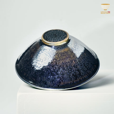 【Hidden Dragon and Phoenix Silver Ring Teacup from BaiDing】 Silver-Rim Jian Zhan Tea Cup – Handmade Bamboo Hat Shaped Cup with Dragon & Phoenix Relief, Iridescent Black Glaze, Collector's Kung Fu Teaware