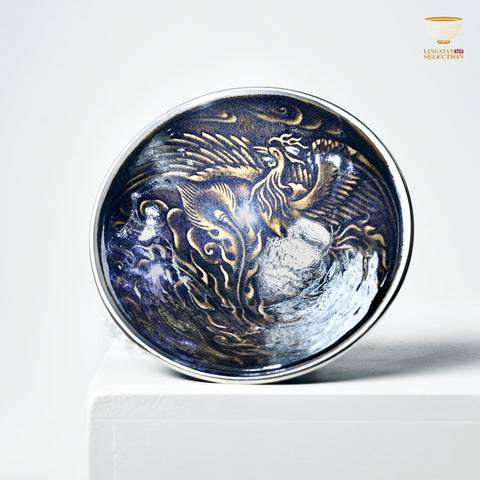 【Hidden Dragon and Phoenix Silver Ring Teacup from BaiDing】 Silver-Rim Jian Zhan Tea Cup – Handmade Bamboo Hat Shaped Cup with Dragon & Phoenix Relief, Iridescent Black Glaze, Collector's Kung Fu Teaware