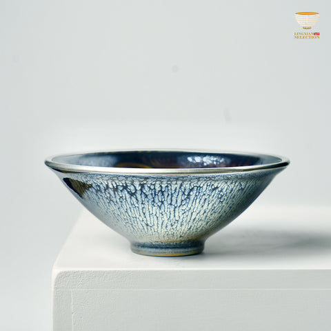 【Hidden Dragon and Phoenix Silver Ring Teacup from BaiDing】 Silver-Rim Jian Zhan Tea Cup – Handmade Bamboo Hat Shaped Cup with Dragon & Phoenix Relief, Iridescent Black Glaze, Collector's Kung Fu Teaware