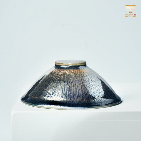 【Hidden Dragon and Phoenix Silver Ring Teacup from BaiDing】 Silver-Rim Jian Zhan Tea Cup – Handmade Bamboo Hat Shaped Cup with Dragon & Phoenix Relief, Iridescent Black Glaze, Collector's Kung Fu Teaware