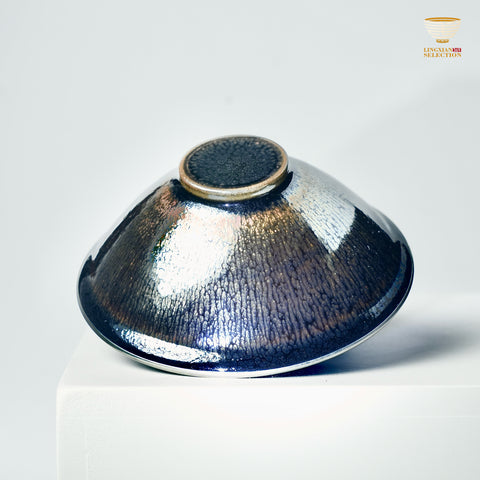 【Hidden Dragon and Phoenix Silver Ring Teacup from BaiDing】 Silver-Rim Jian Zhan Tea Cup – Handmade Bamboo Hat Shaped Cup with Dragon & Phoenix Relief, Iridescent Black Glaze, Collector's Kung Fu Teaware