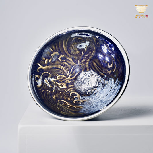 【Hidden Dragon and Phoenix Silver Ring Teacup from BaiDing】 Silver-Rim Jian Zhan Tea Cup – Handmade Bamboo Hat Shaped Cup with Dragon & Phoenix Relief, Iridescent Black Glaze, Collector's Kung Fu Teaware
