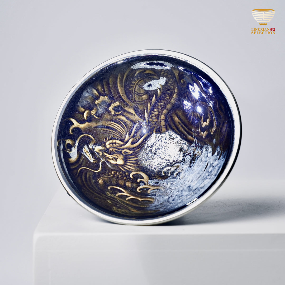 【Hidden Dragon and Phoenix Silver Ring Teacup from BaiDing】 Silver-Rim Jian Zhan Tea Cup – Handmade Bamboo Hat Shaped Cup with Dragon & Phoenix Relief, Iridescent Black Glaze, Collector's Kung Fu Teaware