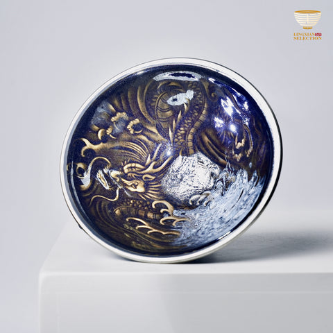 【Hidden Dragon and Phoenix Silver Ring Teacup from BaiDing】 Silver-Rim Jian Zhan Tea Cup – Handmade Bamboo Hat Shaped Cup with Dragon & Phoenix Relief, Iridescent Black Glaze, Collector's Kung Fu Teaware