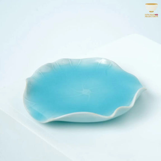 【Jin Hongyang Celadon Lotus Leaf Tea Tray/cup Plate】Handcrafted Celadon Saucer with Crackle Glaze｜Elegant Support for Gongfu Teaware