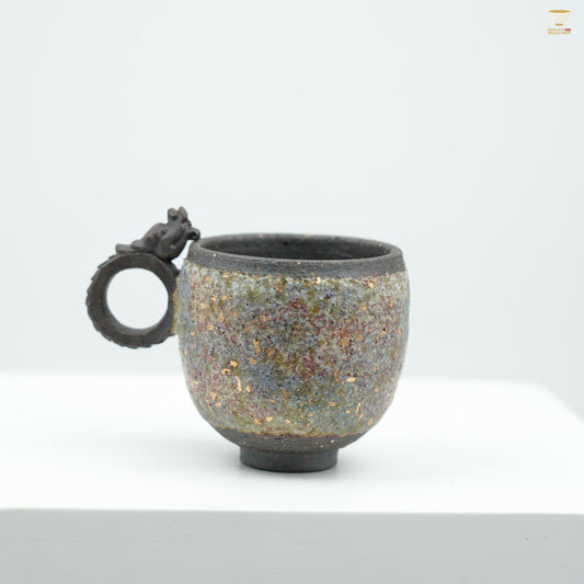 Gaoyue Aged Rock-Mineral Dragon Handle Cup | Handcrafted Ceramic Teacup with Finger-Ring Design | Rustic Oriental Aesthetic