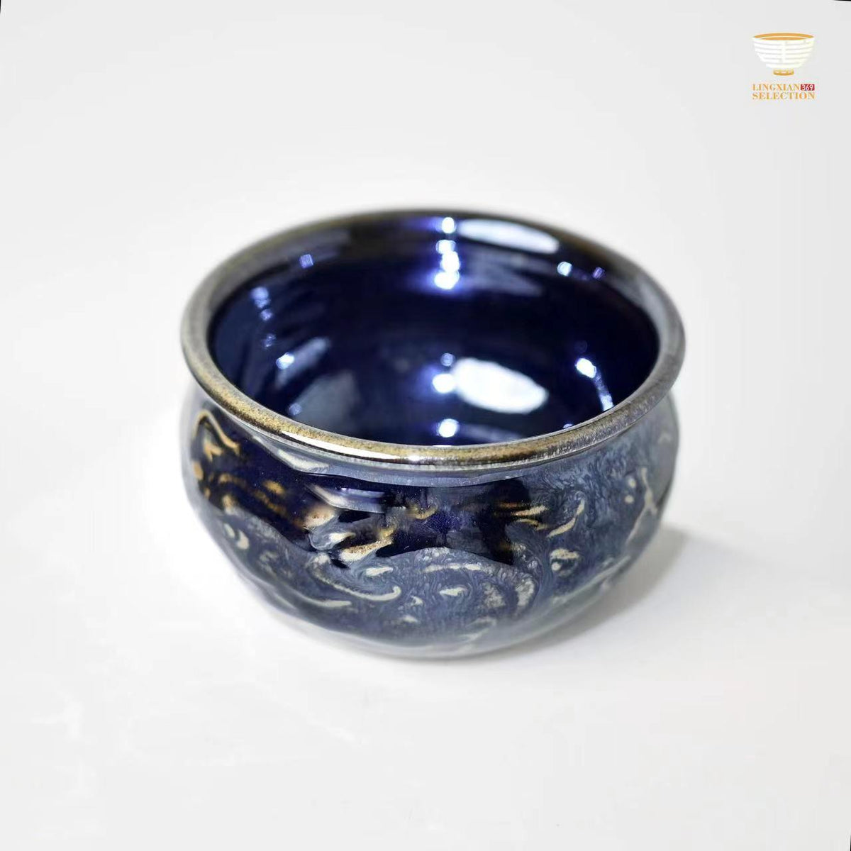 Baiding Studio “Hidden Dragon” Celestial Glaze Tea Cup | Hand-Sculpted Relief with Shifting Light | Premium Eastern Teaware for Collectors & Connoisseurs