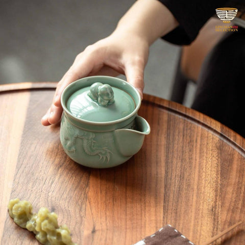 "Hope for Son to Succeed" Celadon Quick Pot | Tu Renzhai Celadon Fair Cup with Dragon Motif | Oriental Gift of Blessings | Handmade Chinese Ceramic