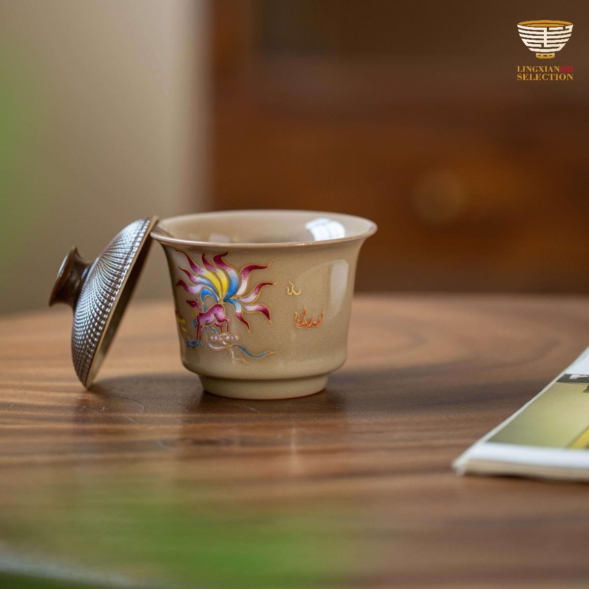 Tu Renzhai Celadon Gaiwan with Nine-Tailed Fox | Hand-Carved Lid & Hand-Painted Mythical Motif | Gongfu Tea Masterpiece | Elegant Celadon Gift