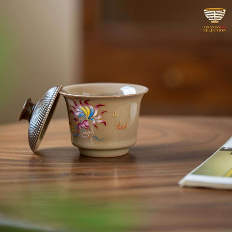 Tu Renzhai Celadon Gaiwan with Nine-Tailed Fox | Hand-Carved Lid & Hand-Painted Mythical Motif | Gongfu Tea Masterpiece | Elegant Celadon Gift