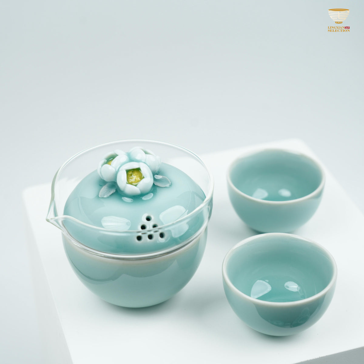 Master Lei Huixian Celadon Flower Sharing Tea Set - Handcrafted Lotus Lid Fair Cup & Tasting Cups | High-fired Artisan Kung Fu Teaware | Collectible Chinese Ceramic Gift Set - Drinkware