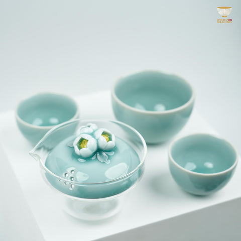Master Lei Huixian Celadon Flower Sharing Tea Set - Handcrafted Lotus Lid Fair Cup & Tasting Cups | High-fired Artisan Kung Fu Teaware | Collectible Chinese Ceramic Gift Set - Drinkware