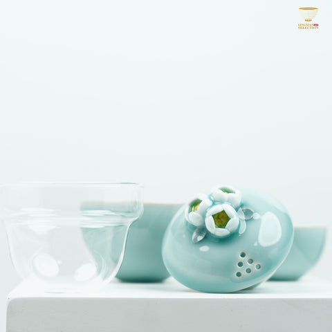 Master Lei Huixian Celadon Flower Sharing Tea Set - Handcrafted Lotus Lid Fair Cup & Tasting Cups | High-fired Artisan Kung Fu Teaware | Collectible Chinese Ceramic Gift Set - Drinkware