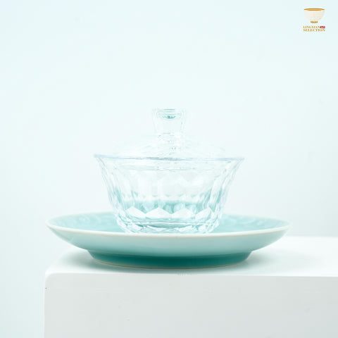 Master Lei Huixian Celadon Gaiwan with Peony Relief｜Glass Body & Carved Porcelain Lid/Saucer｜Elegant Fusion Tea Bowl for Gongfu Brewing