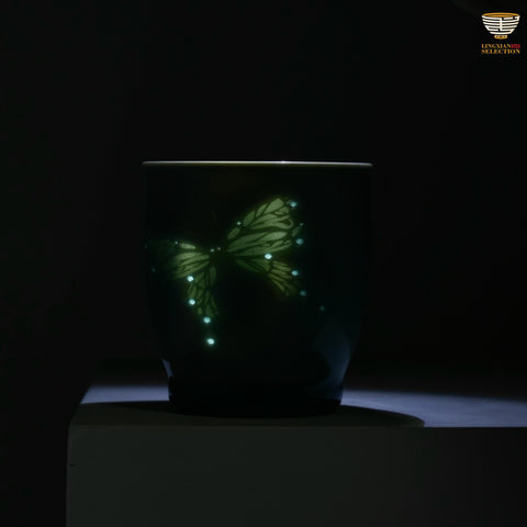 Light-Reactive Celadon Tea Cup with Carved Butterfly – Handmade Glowing Porcelain Art by Master LeiHuixian For Ceramic Art Collectors