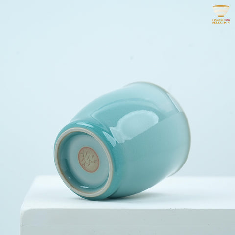Light-Reactive Celadon Tea Cup with Carved Butterfly – Handmade Glowing Porcelain Art by Master LeiHuixian For Ceramic Art Collectors