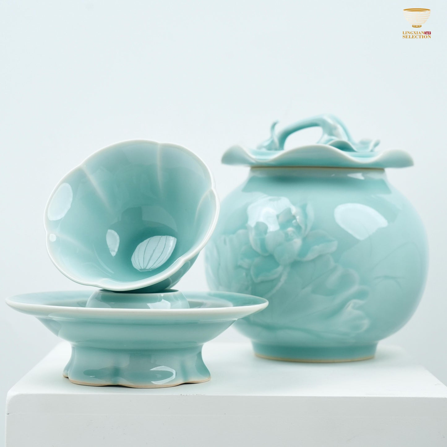 【Diplomatic Gift in Hangzhou Asian Games From Lei Huixian】Elegant Celadon Tea Set | Flower Cup & Carved Jar | Aesthetic Chinese Teaware Gift Set | Artisan Porcelain for Collectors