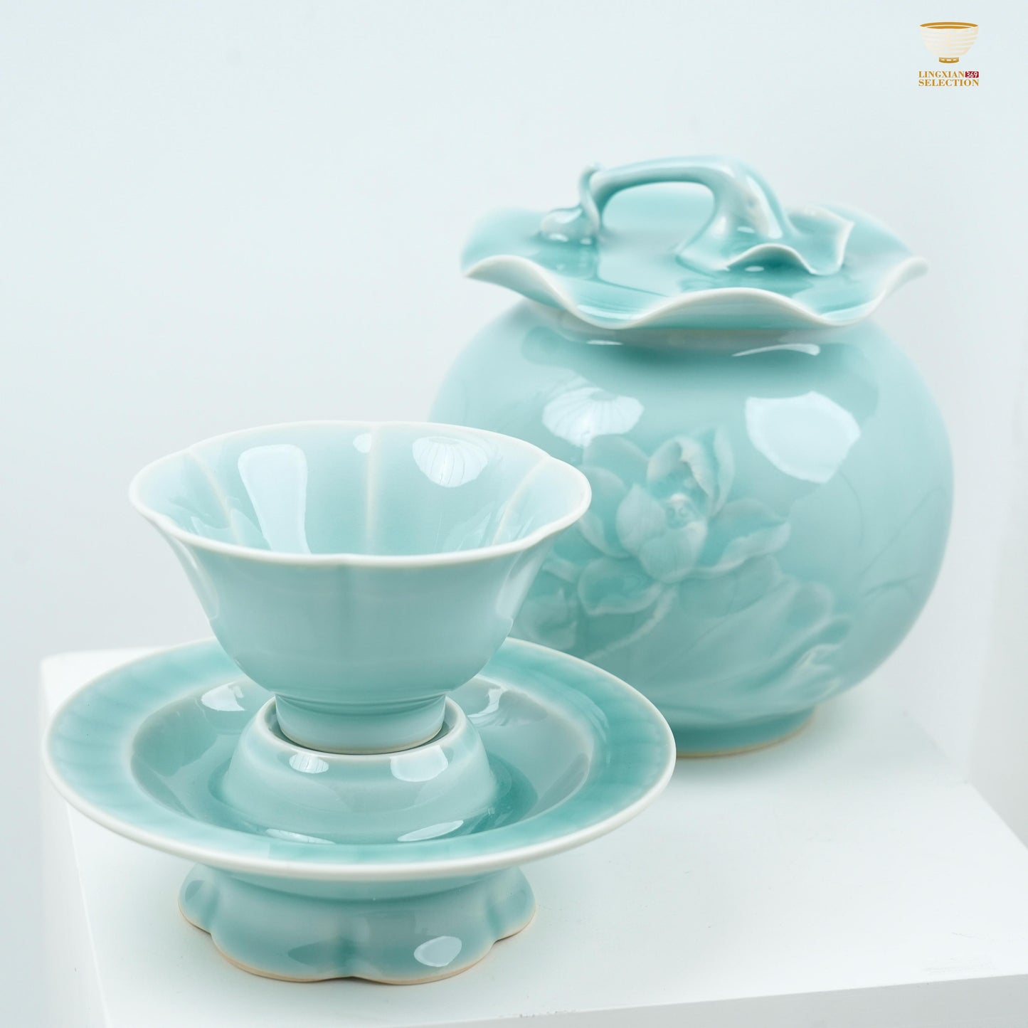 【Diplomatic Gift in Hangzhou Asian Games From Lei Huixian】Elegant Celadon Tea Set | Flower Cup & Carved Jar | Aesthetic Chinese Teaware Gift Set | Artisan Porcelain for Collectors