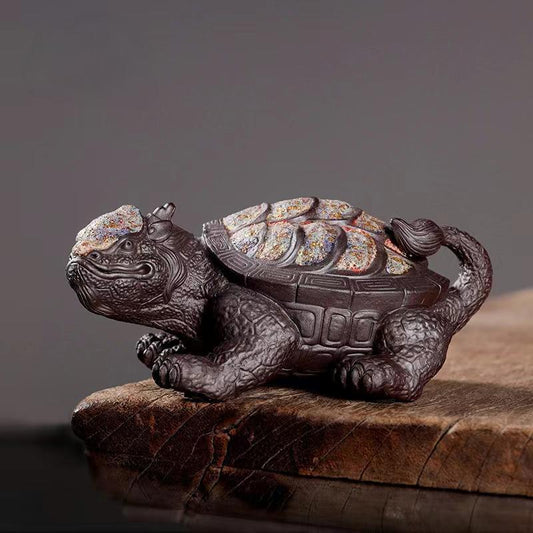 Handcrafted Aged Rock-Mineral Dragon Turtle Tea Pet｜Rock Mineral Finish｜Feng Shui Wealth & Protection Decor｜Gongfu Tea Table Ornament